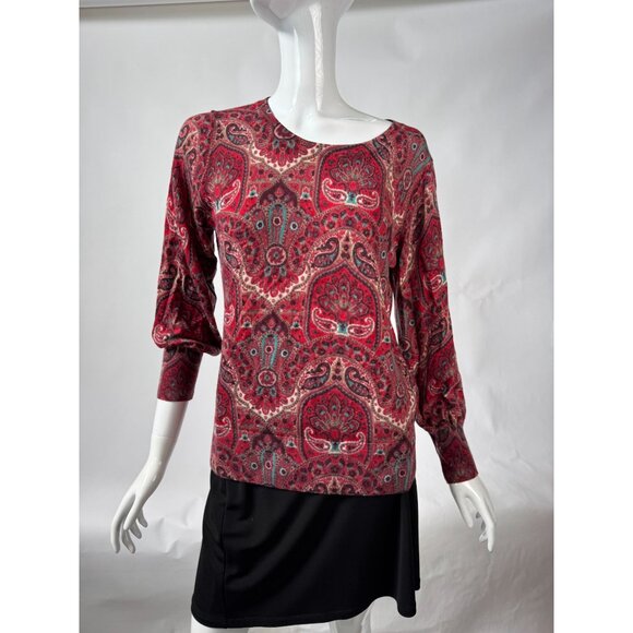 Talbots Womens L Red Multicolor Paisley Print Merino Wool Sweater Made In China - Picture 11 of 16